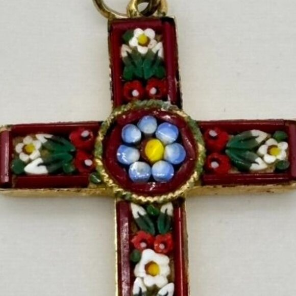 Vintage Italian Micro Mosaic Cross Gold-Tone Metal Red W/Blue White Green Marked - Picture 7 of 12